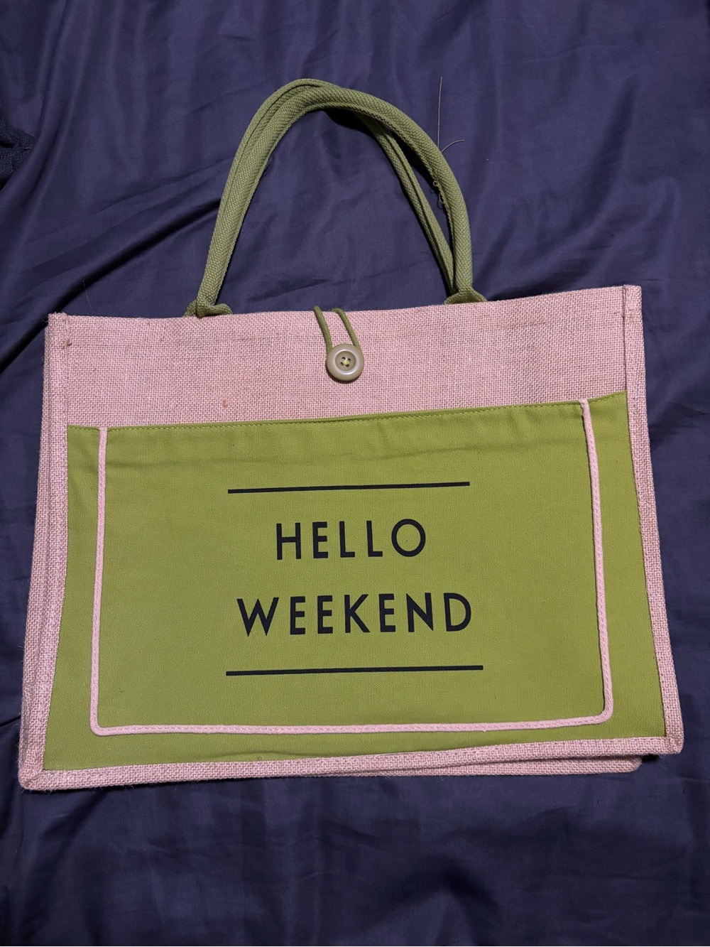 Hello Weekend Tan & Green Canvas Tote